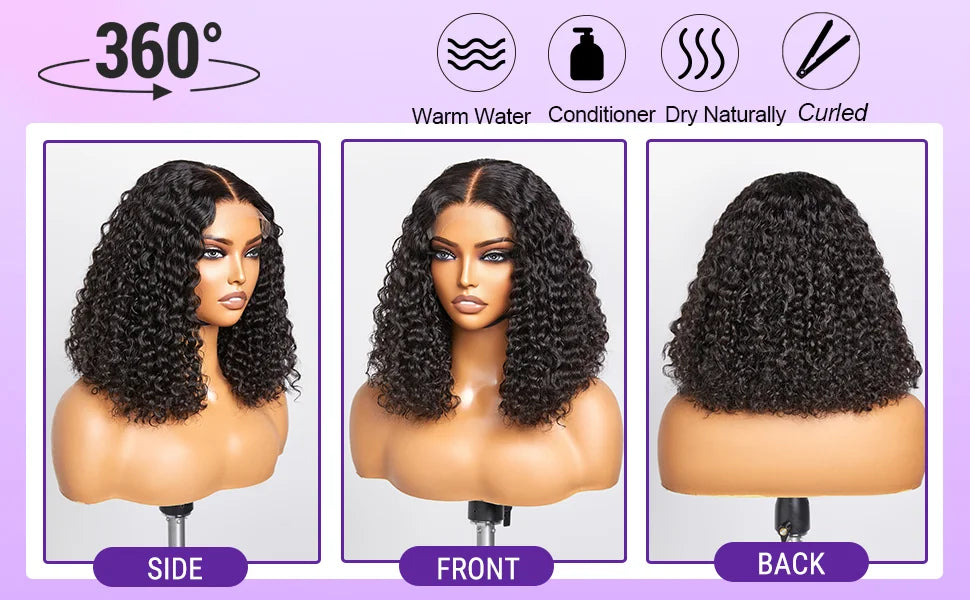 Kinky Curly 13X4 Lace Frontal 100% Human Hair Wigs Short Bob Wigs for Women Glueless Transparent Lace Front Wigs 180% Tissage