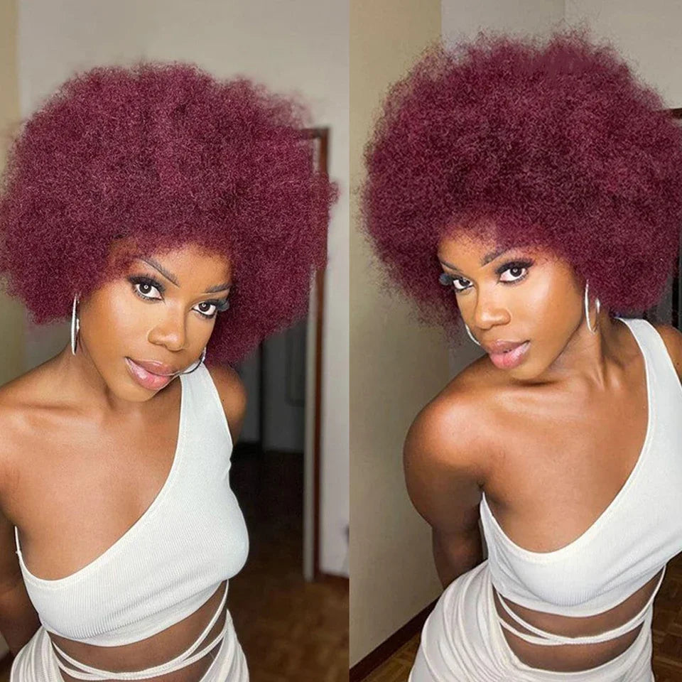 Fluffy Afro Kinky Curly Human Hair Wig With Thick Bangs 99J Red Short Bob Wigs For Black Women 180% Density Full Machine Hair