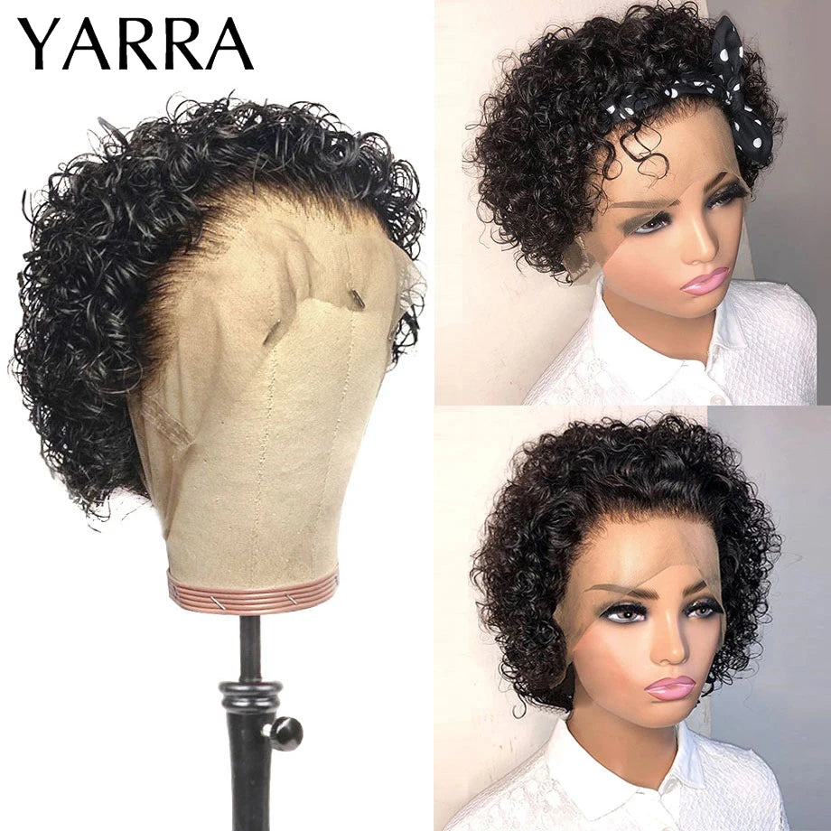 Short Pixie Cut Wig Human Hair 6 Inch 13x1  Brazilian Remy Hair Curly Bob Wig Transparent Lace Wig Preplucked Hairline Yarra