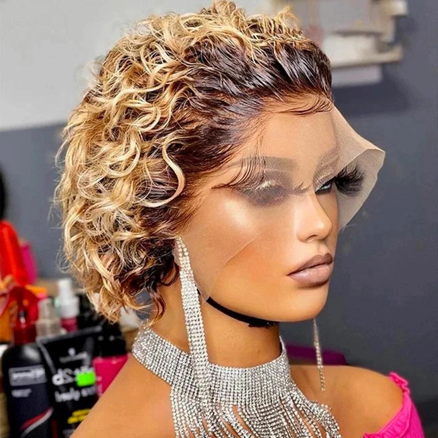 Short Pixie Cut Wig Human Hair 6 Inch 13x1  Brazilian Remy Hair Curly Bob Wig Transparent Lace Wig Preplucked Hairline Yarra