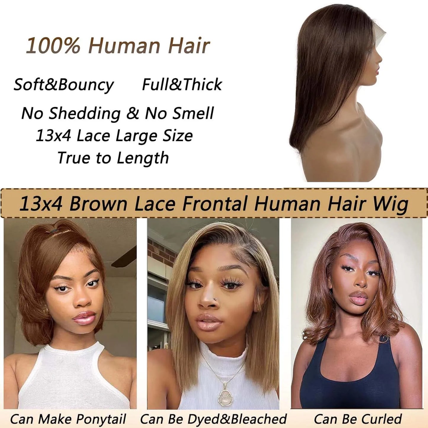 Straight Bob Wig Human Hair Brown 13×4 Lace Front Human Hair Wig Short Wigs For Black Women 150% Density Human Hair #4 Bob Wig