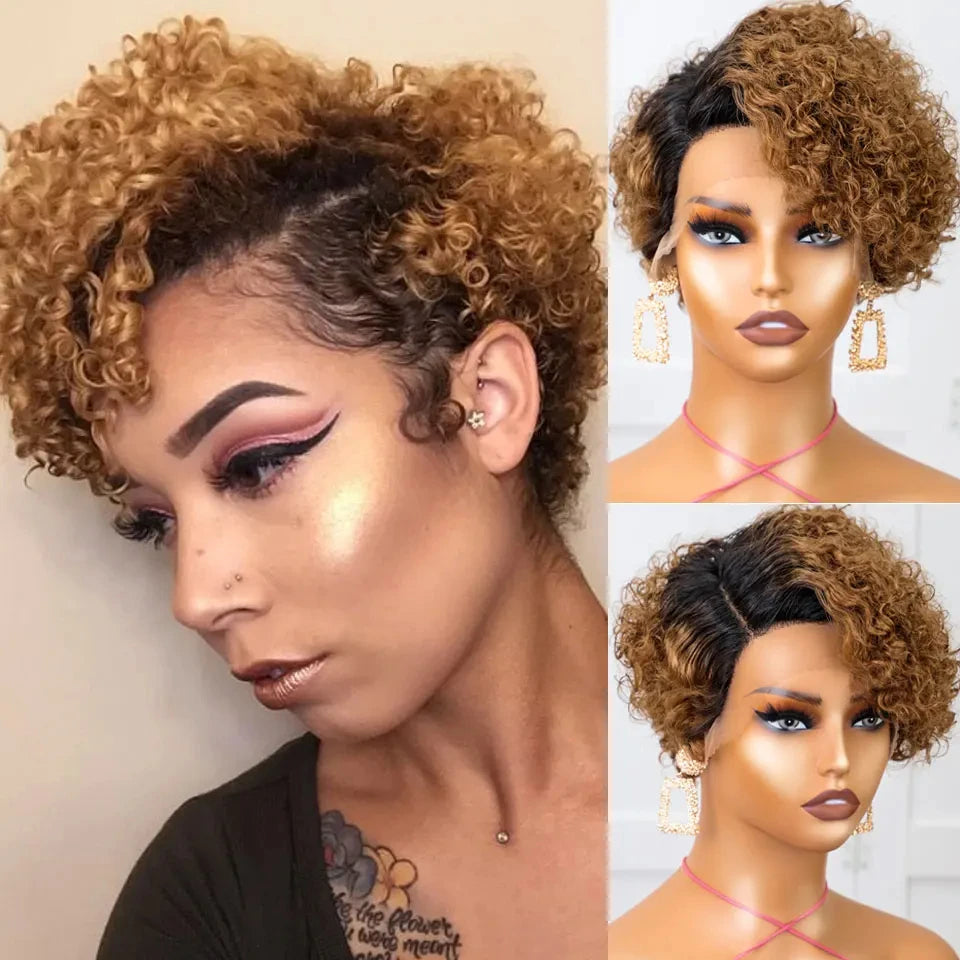 Natural Brown Hair Pixie Cut Wig Short Bob Curly Human Hair Wig 13x1 Lace Front Transparent Deep Curly Hair Lace Wig Preplucked