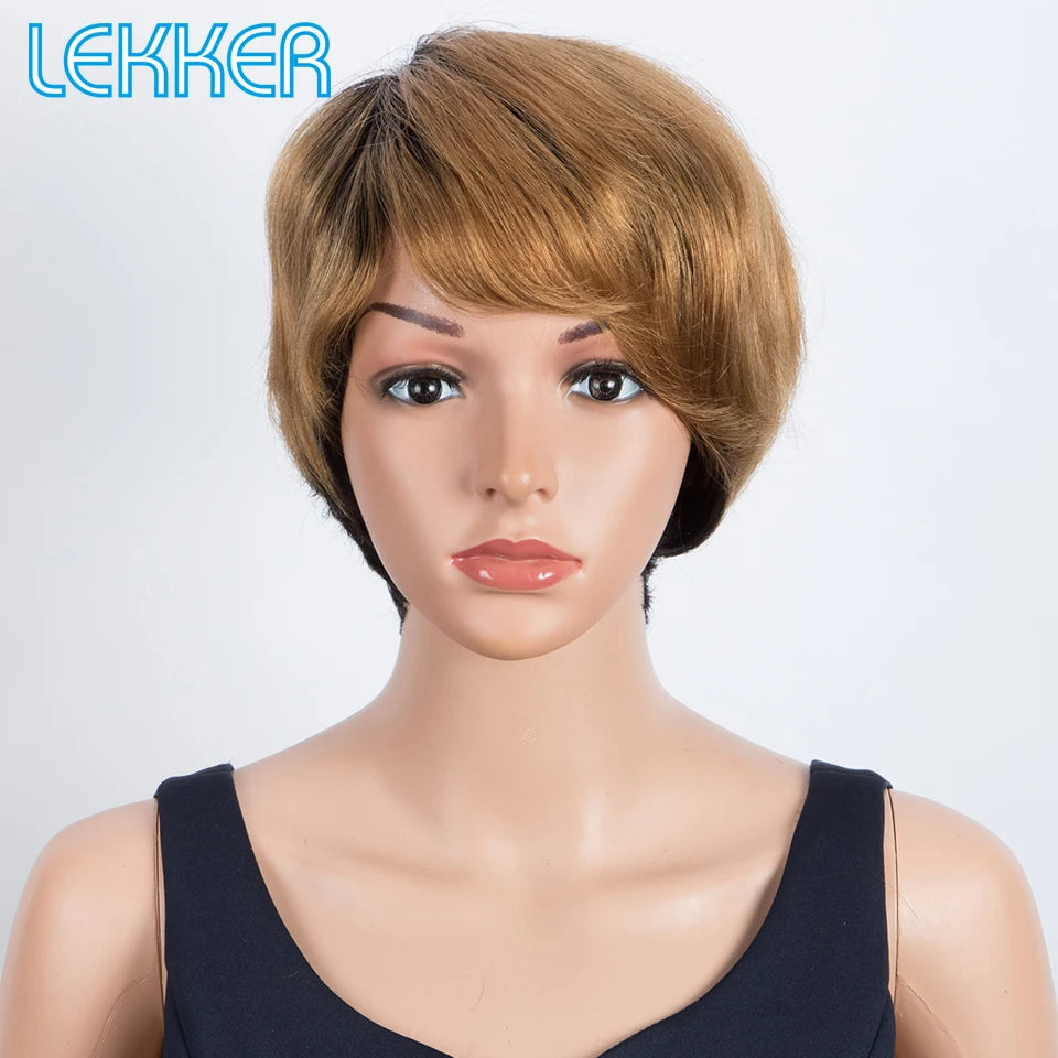 Lekker Highlight Gold Blonde Short Pixie Cut Human Hair Wigs For Women Glueless Brazilian Remy Hair Colored Full Machine Wigs