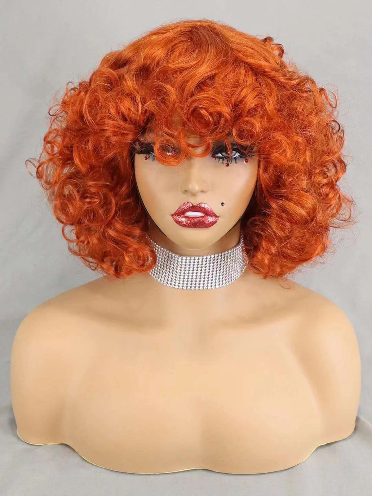 200% Density 99J# Burgundy Bouncy Curly Human Hair Wigs with Bangs Short Machine Made Loose Curly Bob Wigs PrePlucked for Women