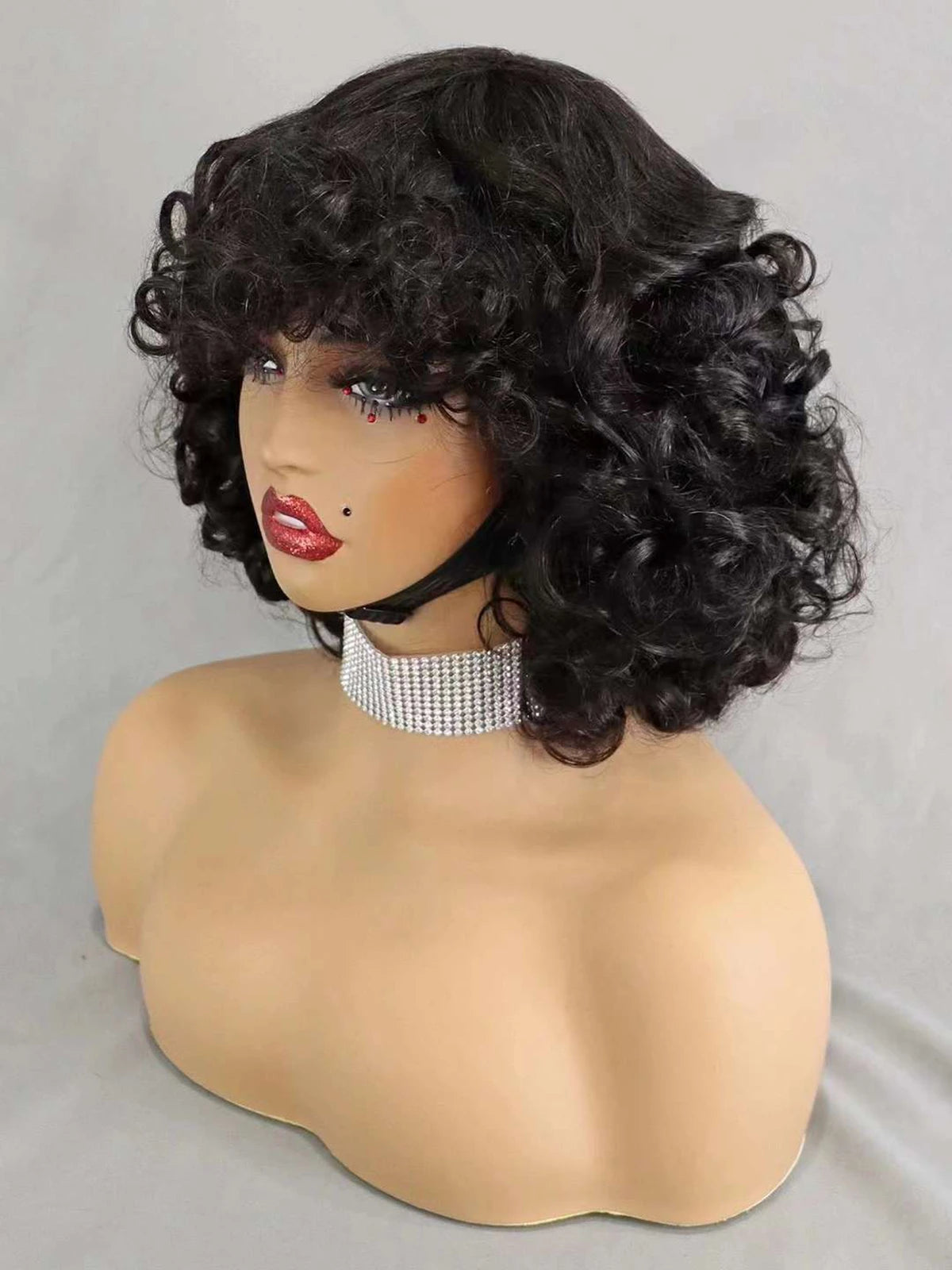 200% Density Brazilian Remy Human Hair Wigs Natural Loose Wave Machine Made Short Bob Wigs Curly Wigs With Bangs For Black Women