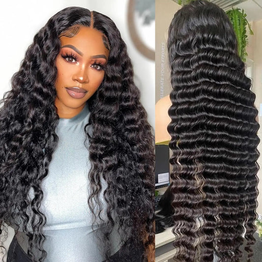 Deep Wave 180% Density Pre-Plucked Free Part HD Transparent 13*4 Lace Frontal Brazilian Virgin Human Hair Wigs For Black Woman