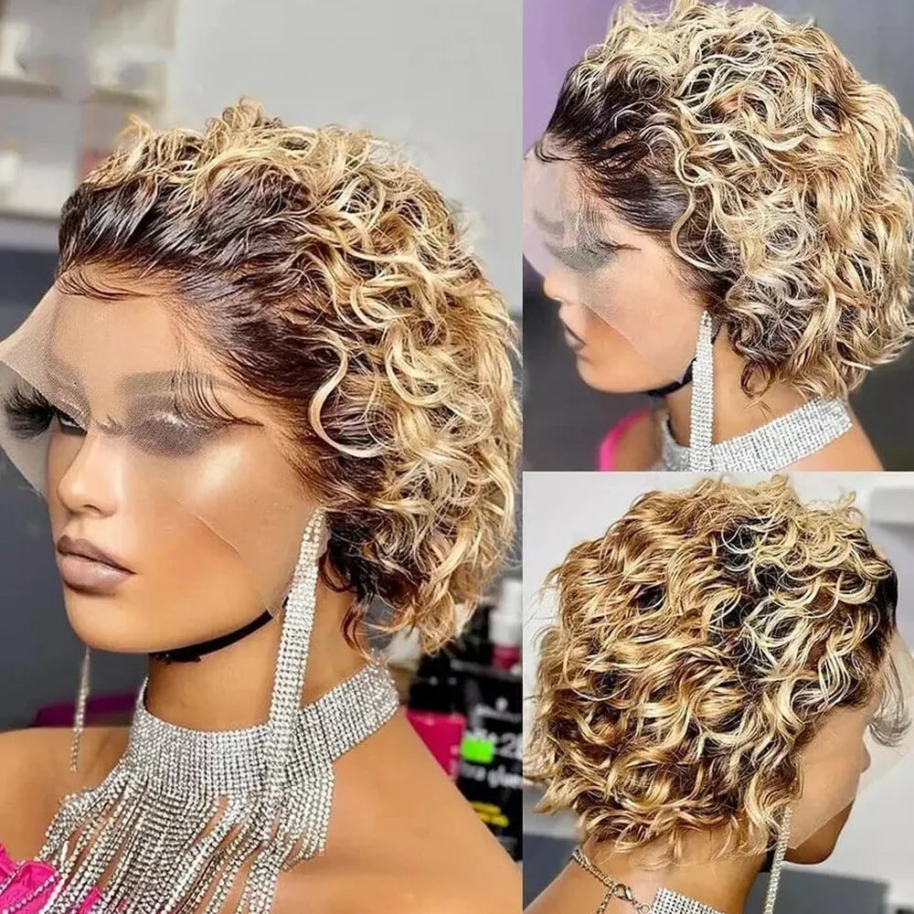 Pixie Cut Wig Colored Lace Wig Spring curl Short Bob Human Hair Wig For Women Natural Black Color Human Hair Cheap Wig 13X1