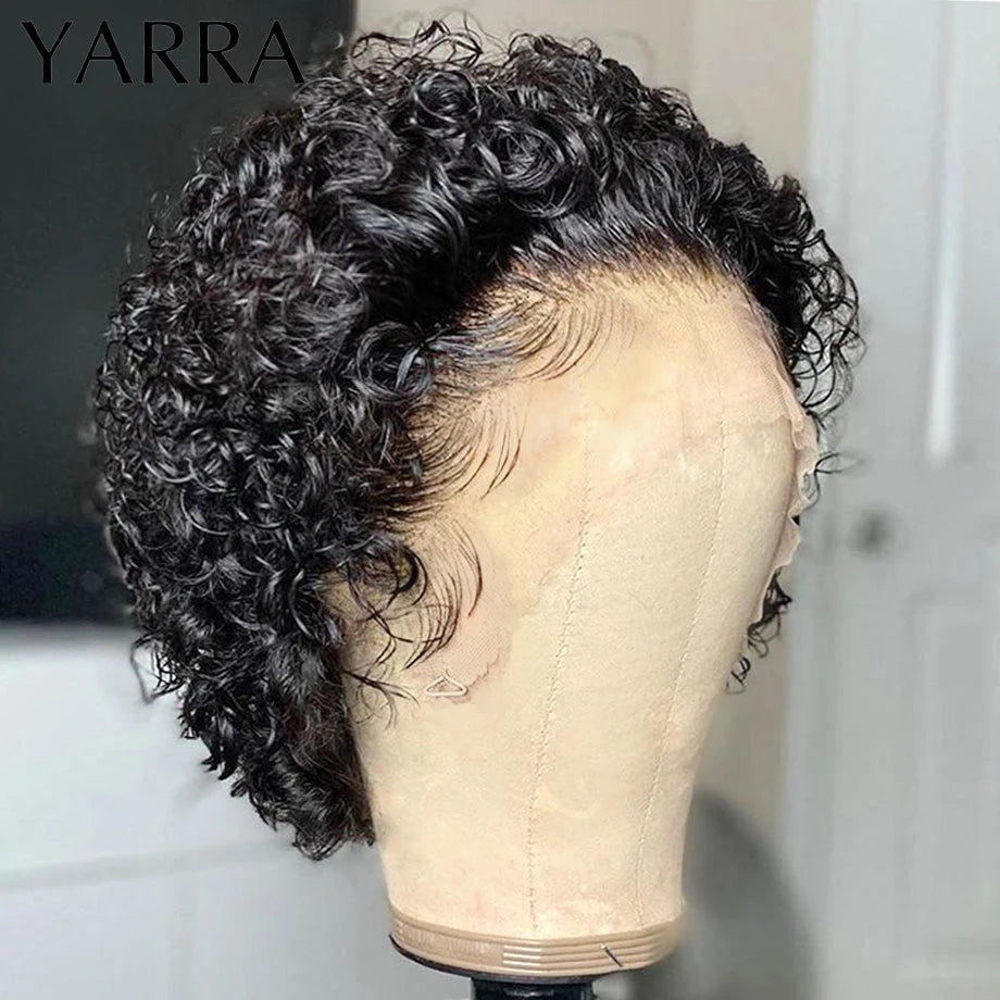 Short Pixie Cut Wig Human Hair 6 Inch 13x1  Brazilian Remy Hair Curly Bob Wig Transparent Lace Wig Preplucked Hairline Yarra