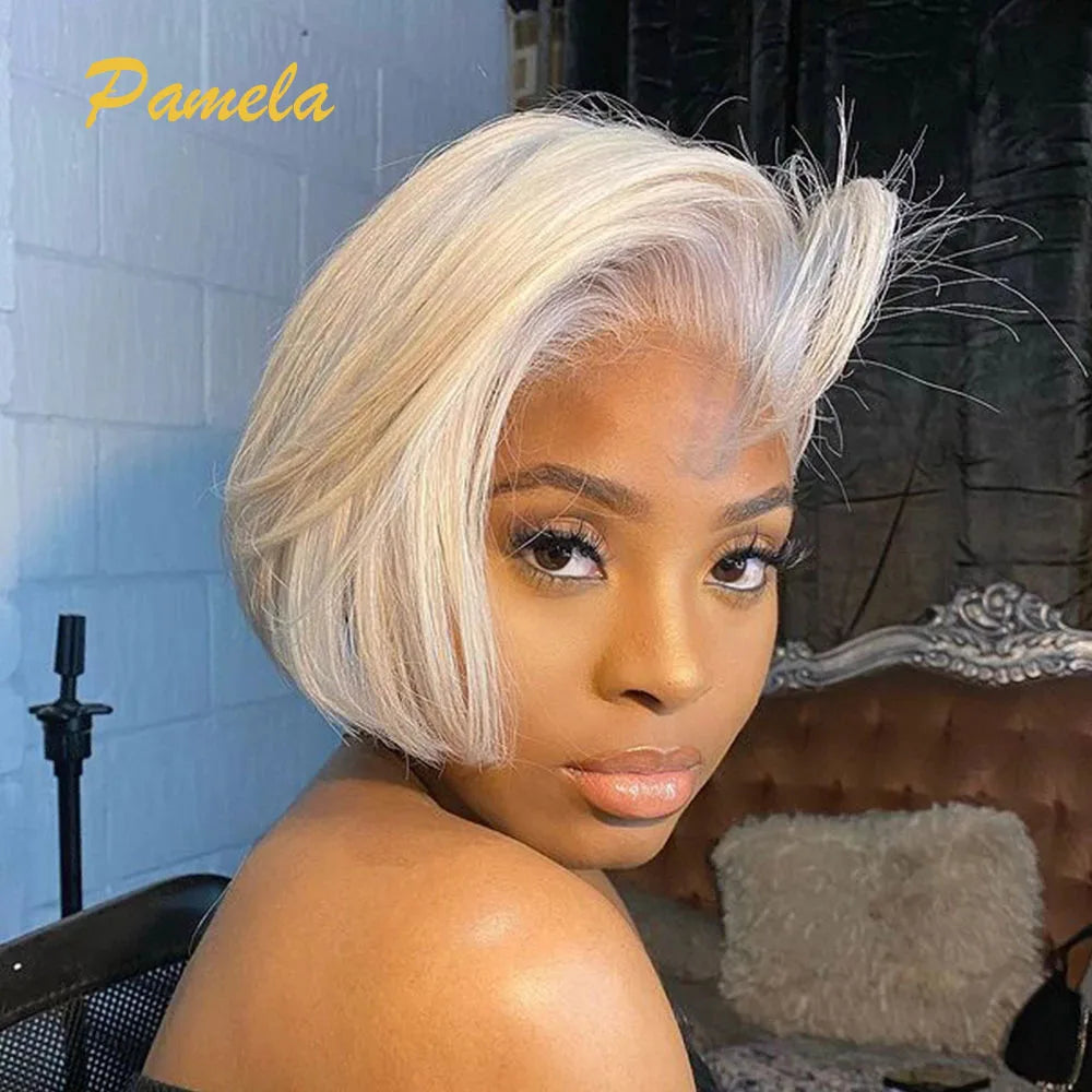 Pixie Cut Wig Brazilian 613 blonde Straight Side Part Wig 13x4 Short Bob HD Transparent Lace Front Human Hair Wig For Women