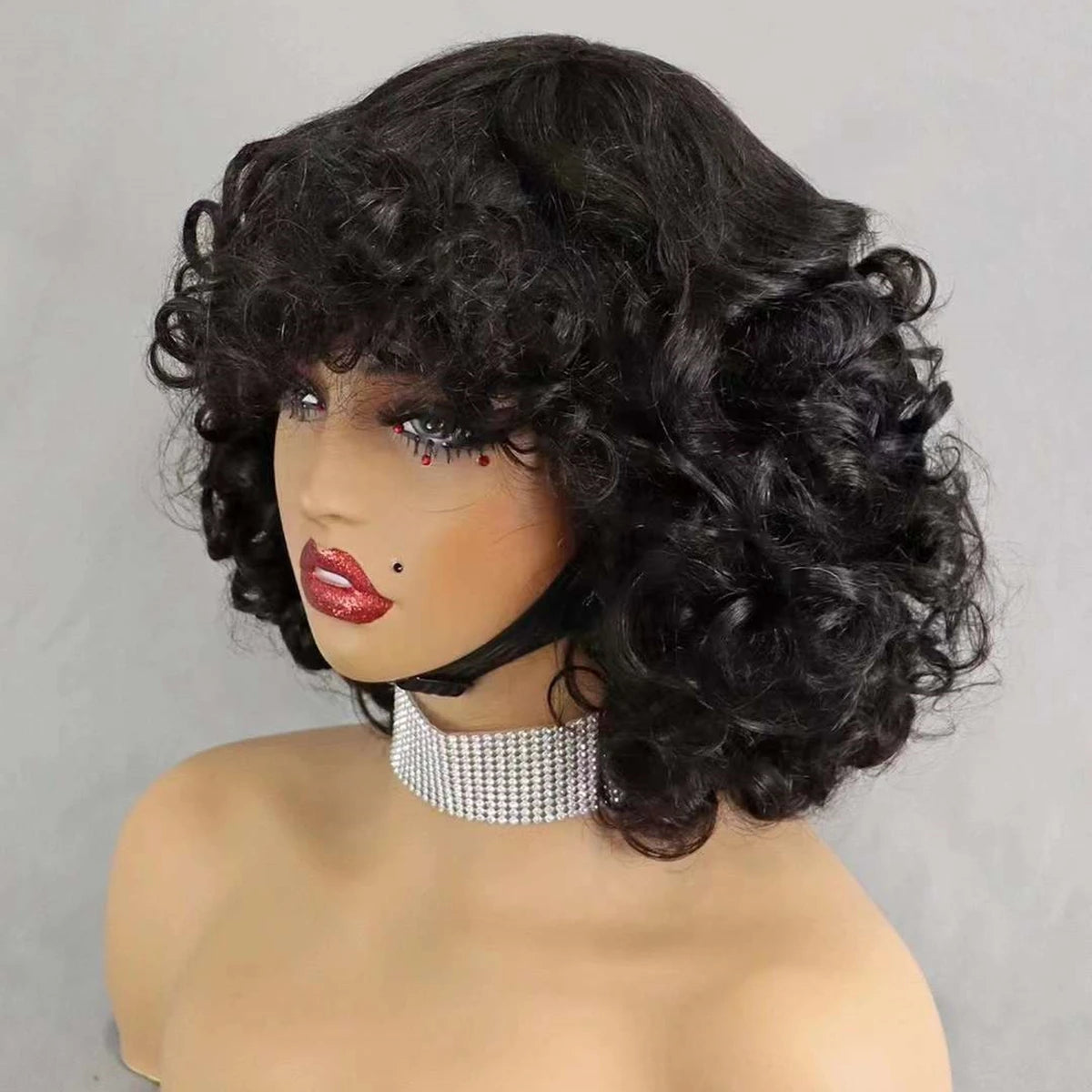 200% Density Brazilian Remy Human Hair Wigs Natural Loose Wave Machine Made Short Bob Wigs Curly Wigs With Bangs For Black Women