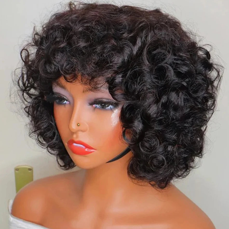 330% Density Brazilian Egg Curl Cut Wig Human Hair With Bangs Water Wave Short Bob Wig For Women Preplucked Local Delivery