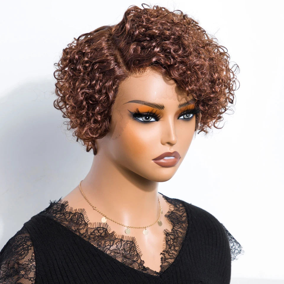 Natural Brown Hair Pixie Cut Wig Short Bob Curly Human Hair Wig 13x1 Lace Front Transparent Deep Curly Hair Lace Wig Preplucked