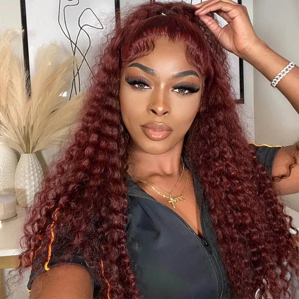 Reddish Brown Deep Wave Frontal Wig Transparent 13x4 Lace Frontal Wig Brown 13x6Lace Front Wig Colored Deep Curly Human Hair Wig