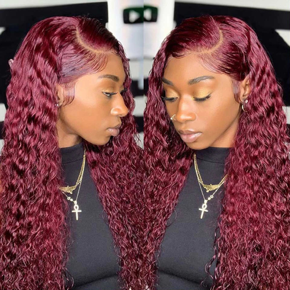 250 Density Glueless Red Colored 13x4 Human Hair Lace Frontal Wigs 40 Inch 99J Burgundy Curly Wigs Brazilian For Women