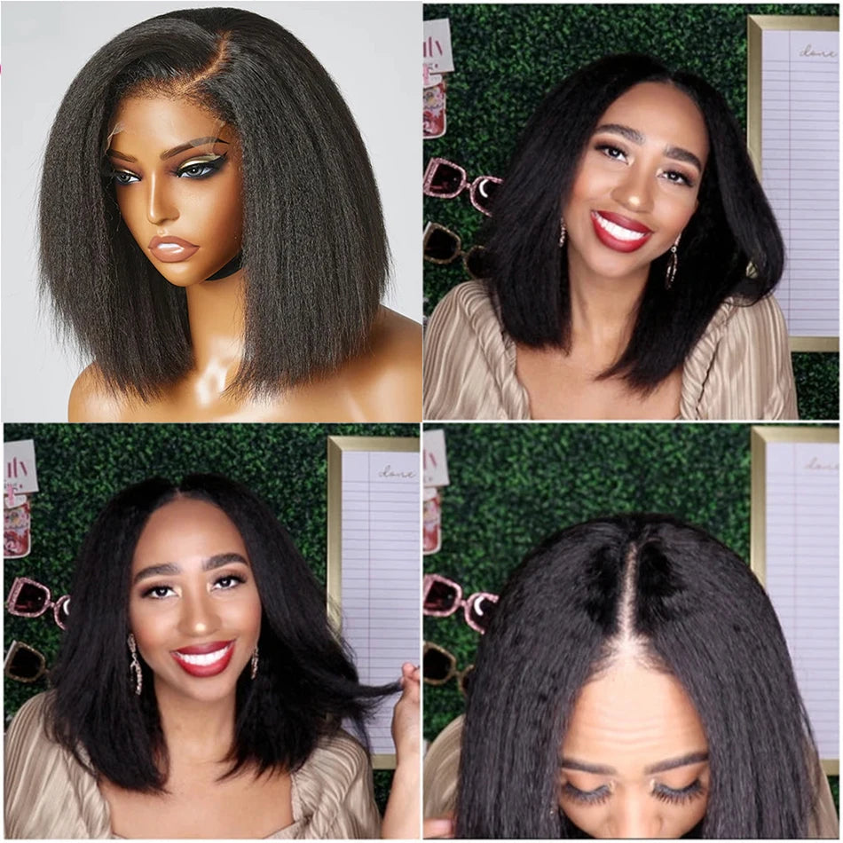 Ready To Wear Glueless 13X4 Kinky Straight Frontal Wigs 100% Human Hair Bob Brazilian Hair Yaki Straight Wigs For Women On Sale