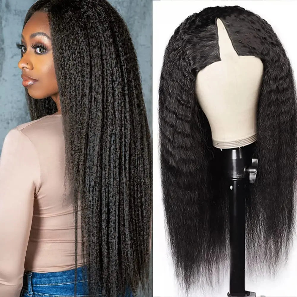 V Part Kinky Straight Wigs Human Hair For Women No Leave Out Natural Color Machine Made V Part Yaki Straight Wigs Brazilian Hair