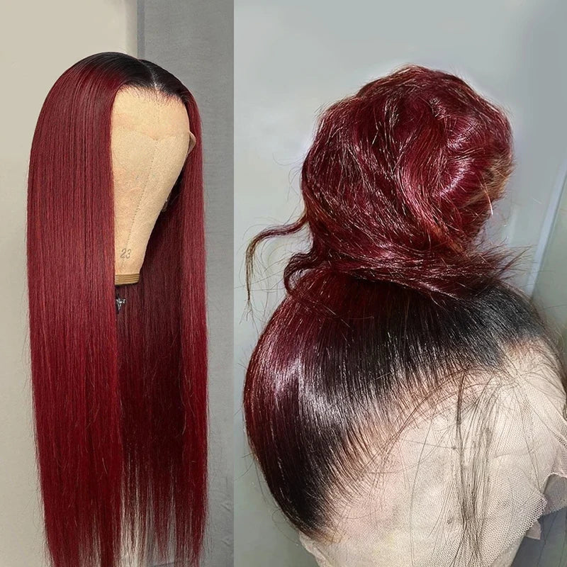 Ombre Hd Lace Front Human Hair Wigs Dark Red Colored Bone Straight Human Hair Wig Glueless Princess 99J Burgundy Brazilian Wigs