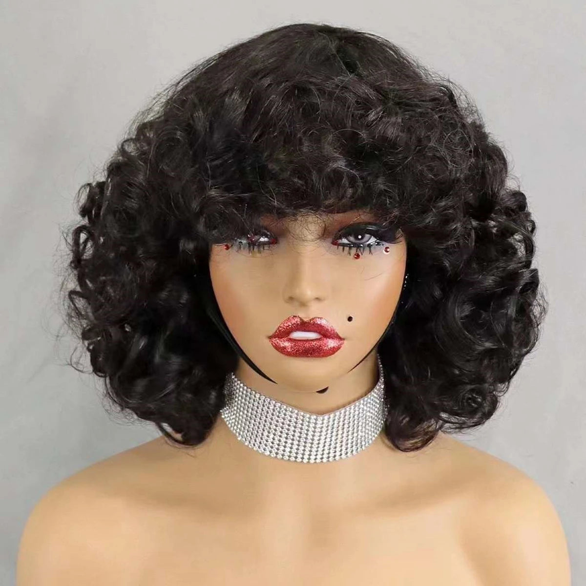 200% Density Brazilian Remy Human Hair Wigs Natural Loose Wave Machine Made Short Bob Wigs Curly Wigs With Bangs For Black Women