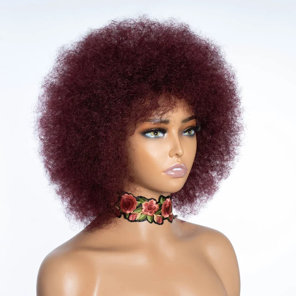 Fluffy Afro Kinky Curly Human Hair Wig With Thick Bangs 99J Red Short Bob Wigs For Black Women 180% Density Full Machine Hair