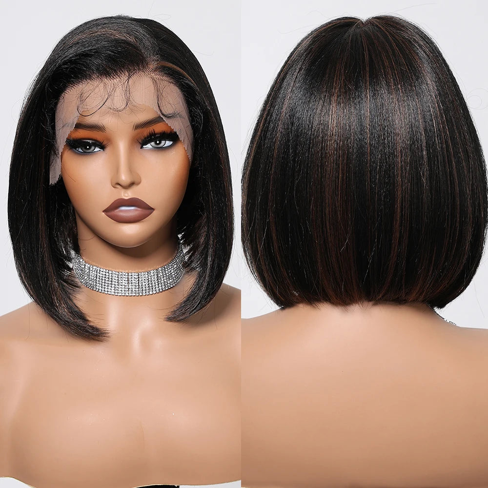 HENRY MARGU Black Bob Lace Front Wigs Brown Highlight Short Straight Daily Synthetic Wig 13*6 Lace Frontal Wig for Women Party