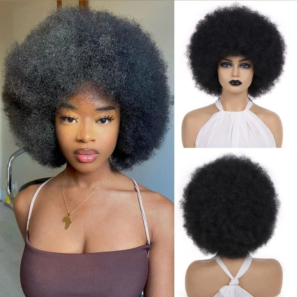 Fluffy Afro Kinky Curly Human Hair Wig With Thick Bangs 99J Red Short Bob Wigs For Black Women 180% Density Full Machine Hair