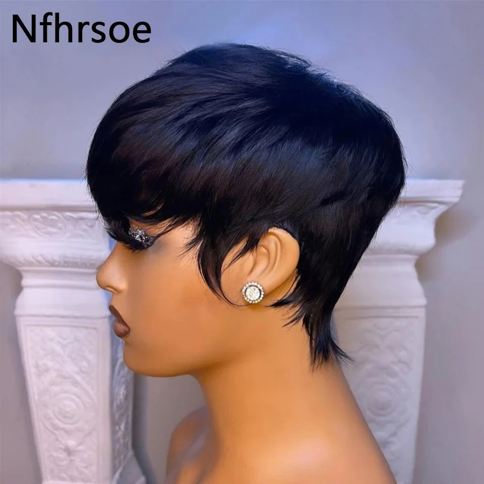 Short Bob Pixie Cut Wig Straight Bob Wigs Human Hair For Women With Bangs Brazilian Virgin Human Hair Wigs Non Lace Front Wig