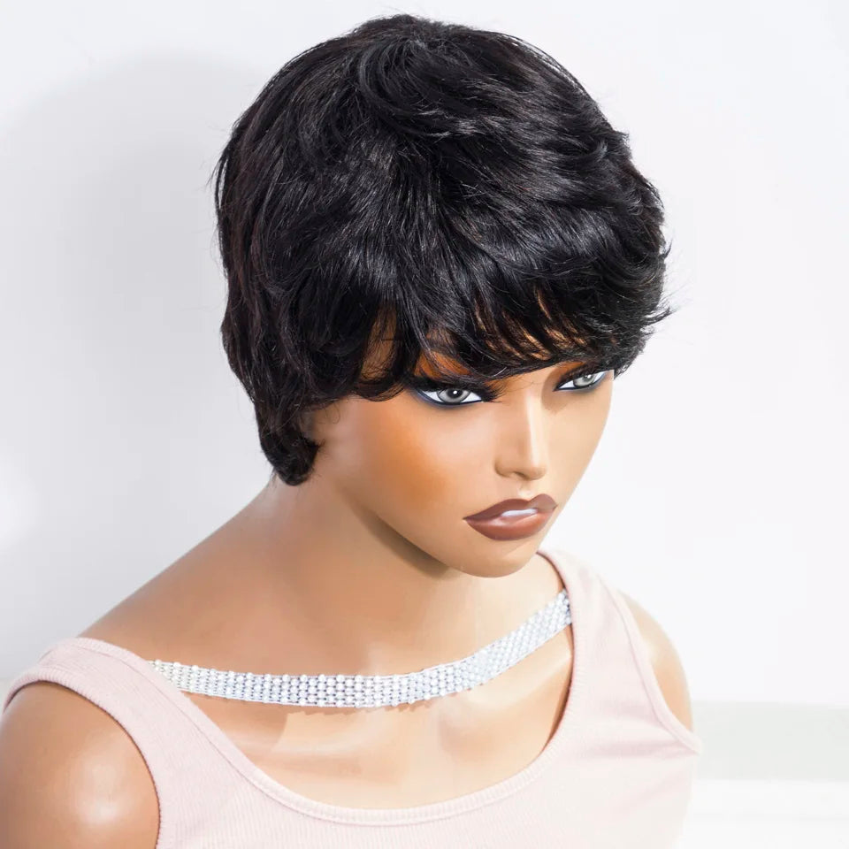 Sleek Short Pixie Cut Human Hair Wigs For Women 100% Real Brazilian Hair Wigs Natural Black Short Straight Woman Wigs