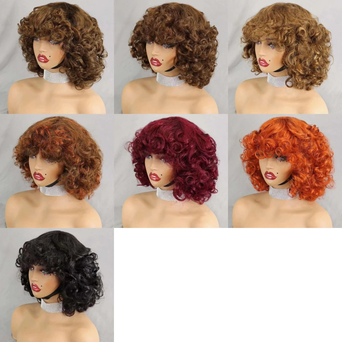 200% Density Brazilian Remy Human Hair Wigs Natural Loose Wave Machine Made Short Bob Wigs Curly Wigs With Bangs For Black Women