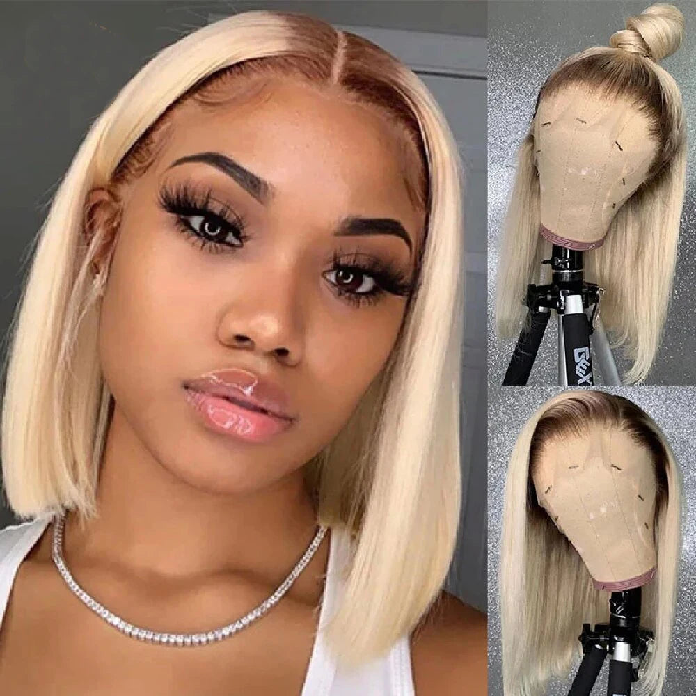 13x4  613 Blonde BOB Ombre Lace Fornt Wig Short Straight Bob Braizilian Human Hair Wigs  Transparent Lace Frontal Wig Preplucked