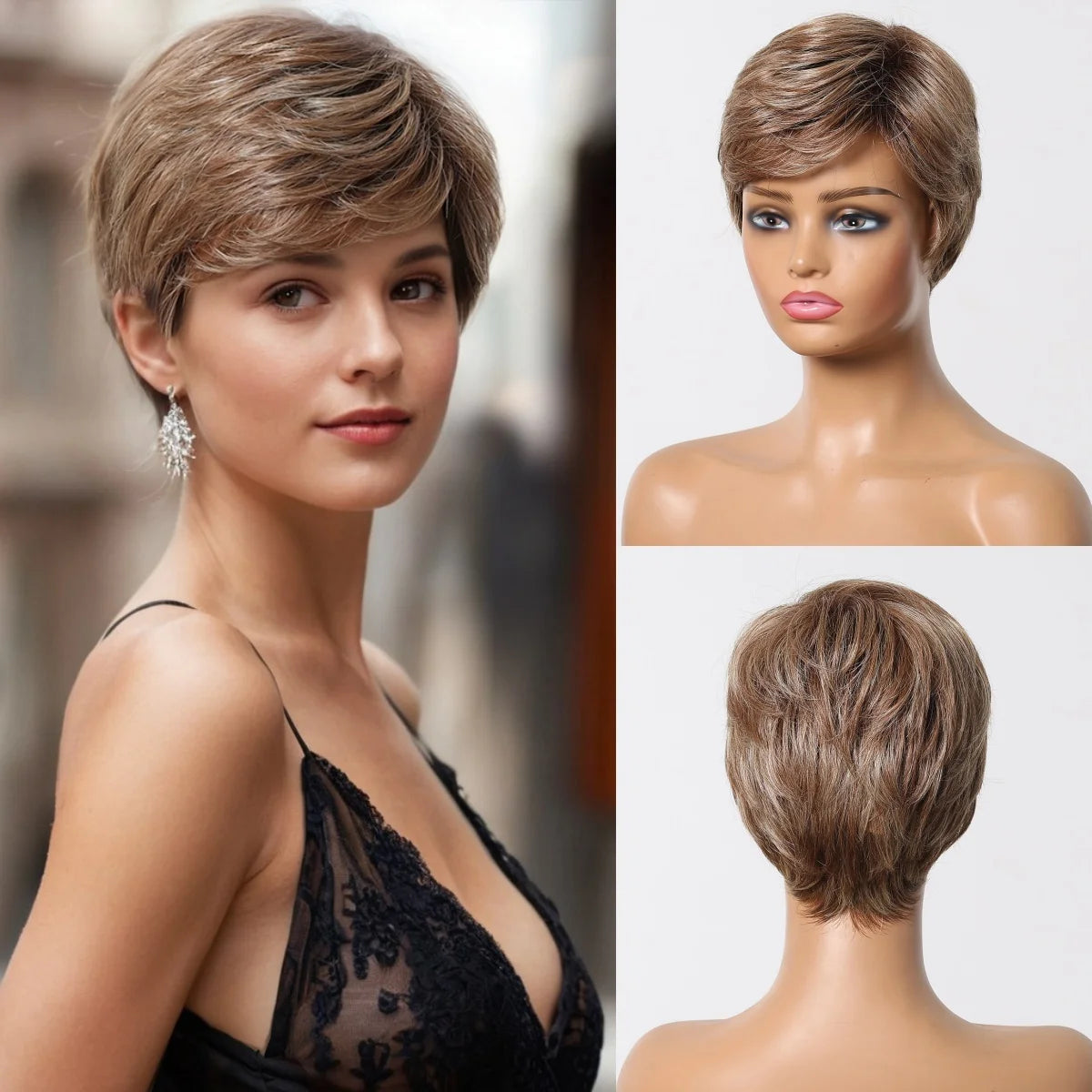 Short Pixie Cut Grey Human Hair Wig 8 Inch Layered Fashion Blend Human Hair Wig for Women Daily Use Hair Machine Made Cheap Wigs