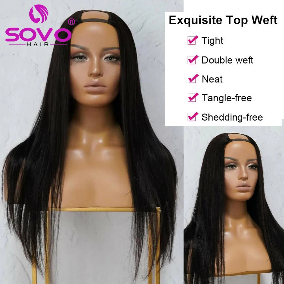 U Part Human Hair Wigs Straight Unprocessed 100% Brazilian Virgin Human Hair Wig Glueless Hair Natural Color  Natural Black