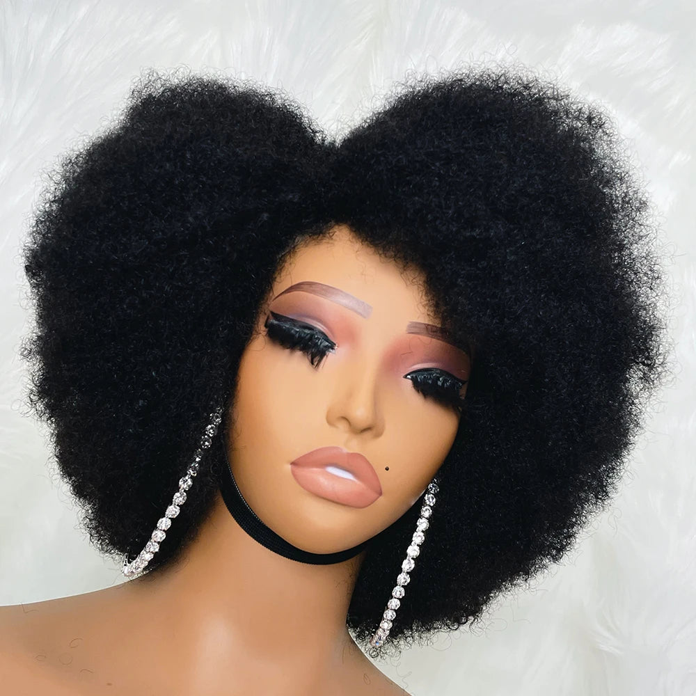 Afro Kinky Curly Lace Front Wig Natural Color Afro Bob Human Hair Natural Hairline 13X4X2 250% Density Short Human Hair Wigs