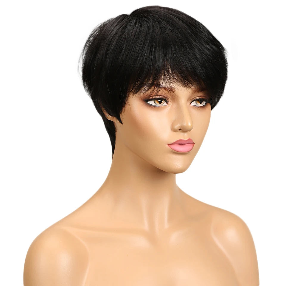 Lekker 99J Burg Red Short Pixie Cut Human Hair Wigs With Bangs For Women Brazilian Remy Hair Colored Straight Bob Full Machine