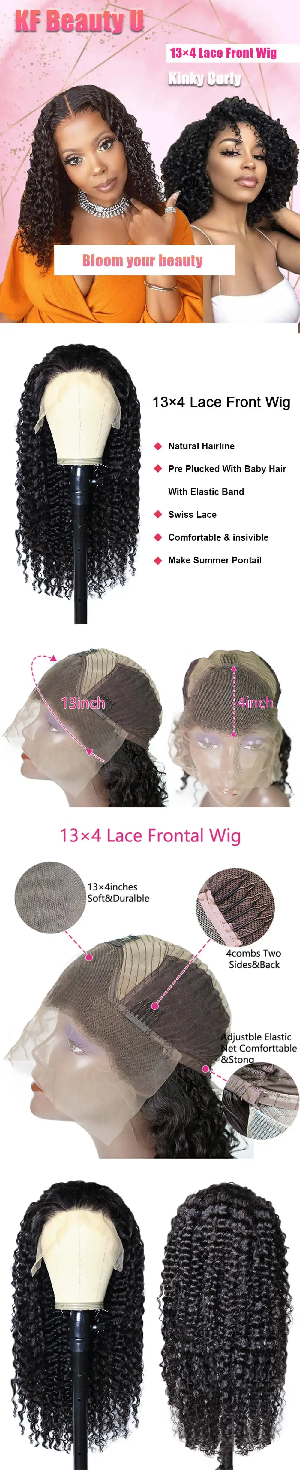 220 density - 13x4 Kinky Curly Lace Front Human Hair Wigs For Black Women Brazilian Transparent Lace Frontal Wig 180%-250% Density KF Beauty U