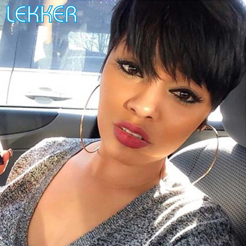 Lekker 99J Burg Red Short Pixie Cut Human Hair Wigs With Bangs For Women Brazilian Remy Hair Colored Straight Bob Full Machine