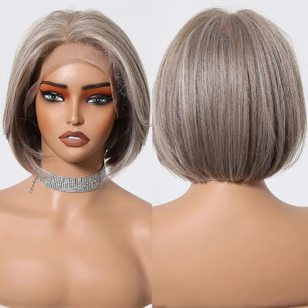 HENRY MARGU Black Bob Lace Front Wigs Brown Highlight Short Straight Daily Synthetic Wig 13*6 Lace Frontal Wig for Women Party