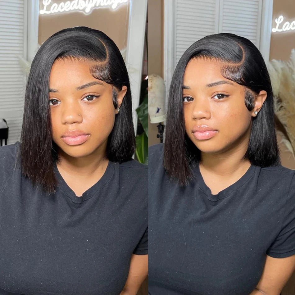 Wear And Go Glueless 100% Brazilian Human Hair Wig Bob HD Lace Bone Straight Short Bob 13x4 Lace Frontal Pre Plucked Ready To Go