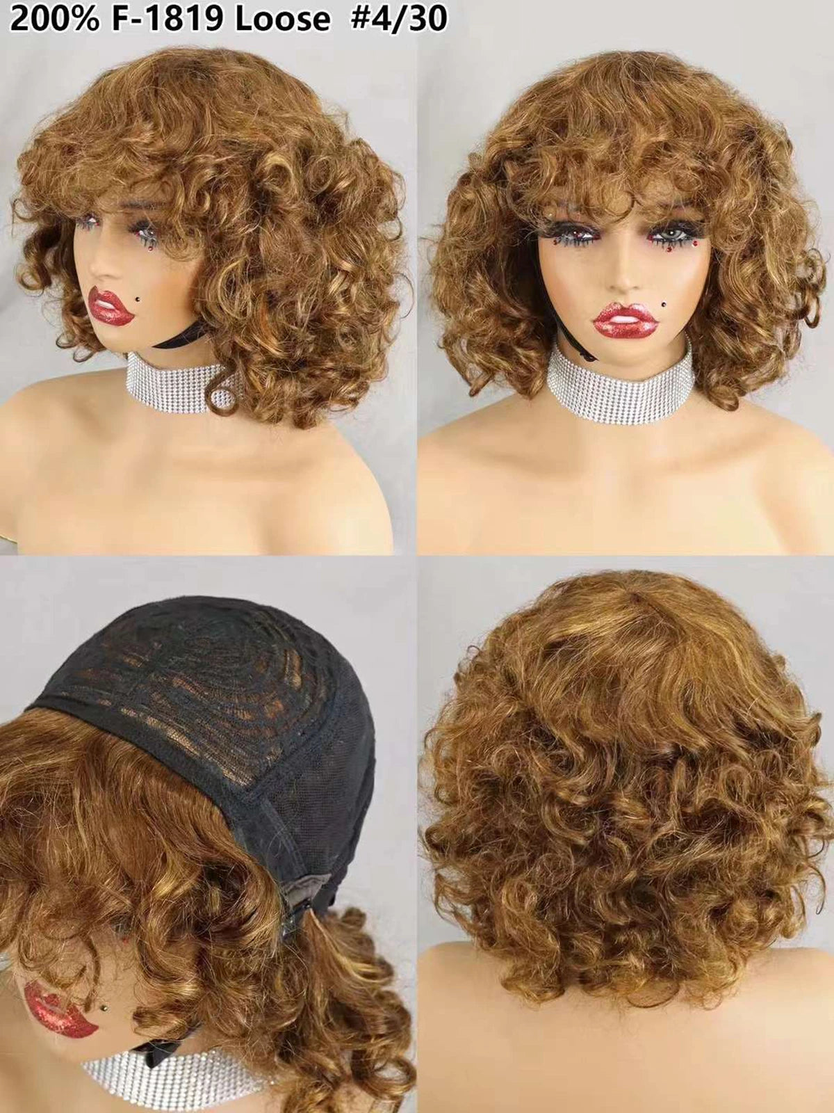 200% Density Brazilian Remy Human Hair Wigs Natural Loose Wave Machine Made Short Bob Wigs Curly Wigs With Bangs For Black Women