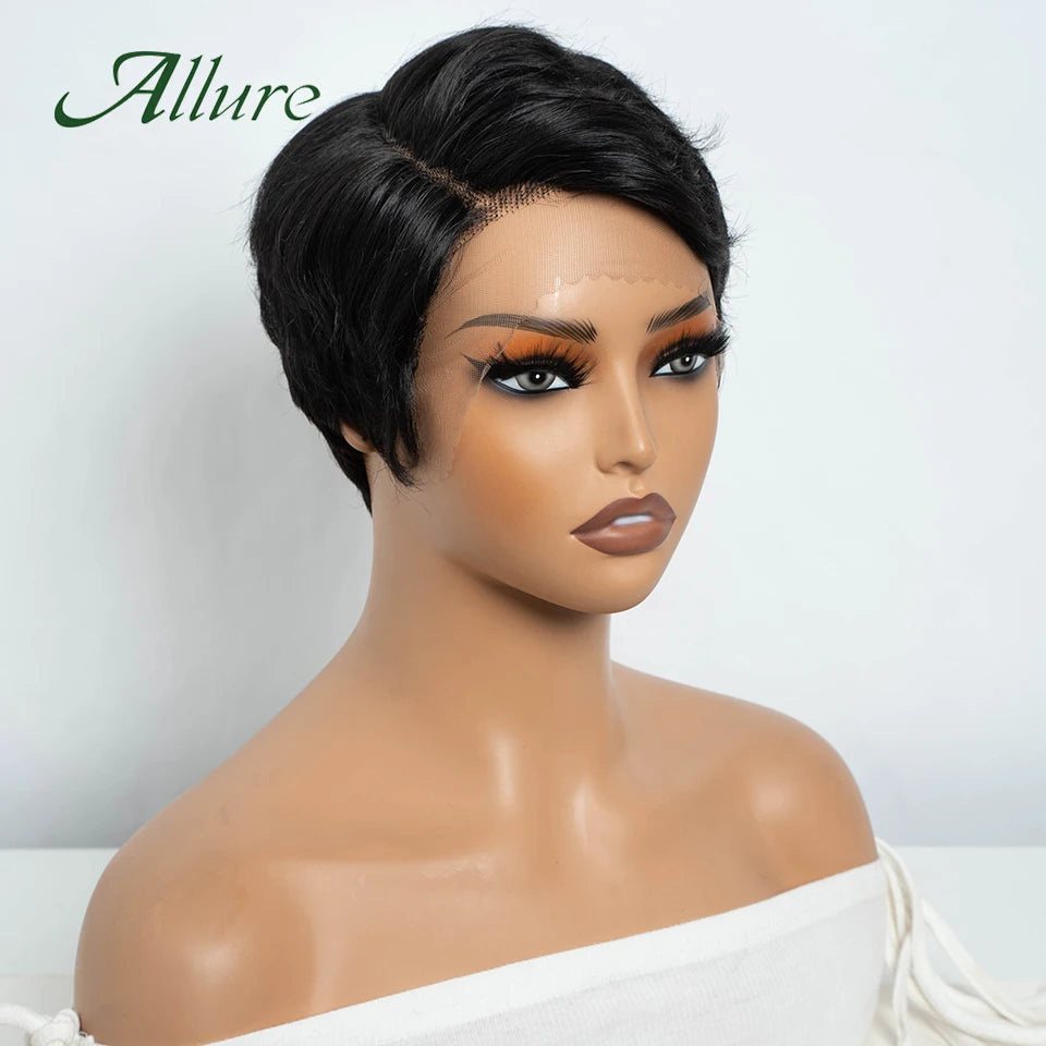 Short Pixie Cut Human Hair Wigs Natural Black Colored Hair T Part Lace Wig Brazilian Cheap Blonde 613 Ombre Remy Hair Wig Allure