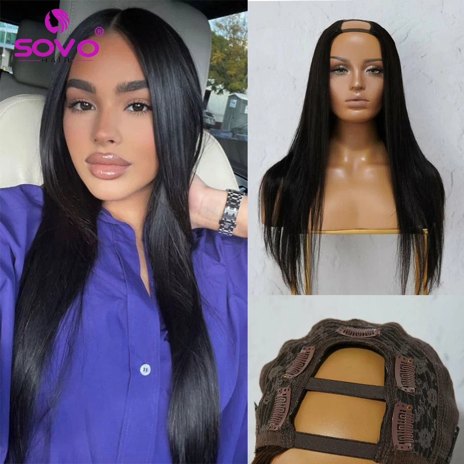 U Part Human Hair Wigs Straight Unprocessed 100% Brazilian Virgin Human Hair Wig Glueless Hair Natural Color  Natural Black