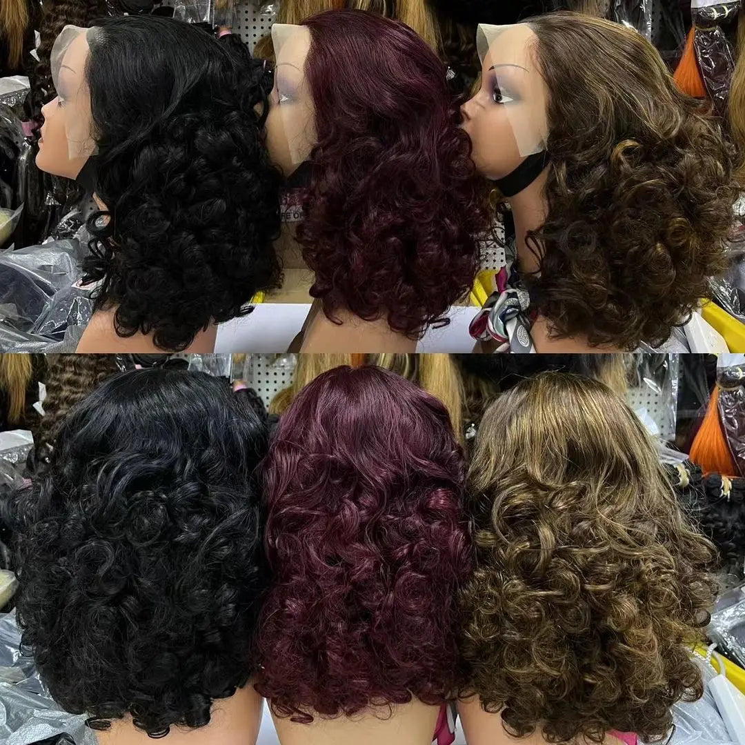 16inch 13x4 Full Lace Frontal Spring Bouncy Curly Human Hair Wigs 250% Density  Burgundy 99J Short Loose Wave Bob Wig PrePlucked