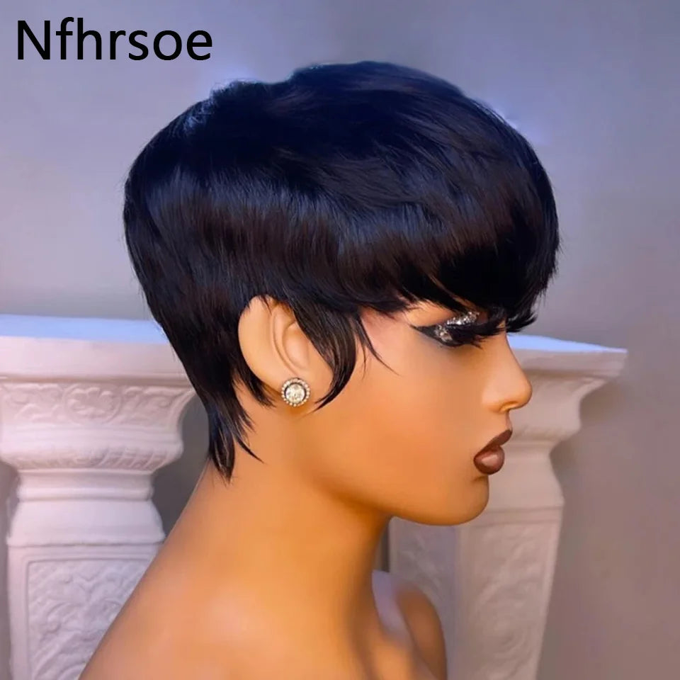 Short Bob Pixie Cut Wig Straight Bob Wigs Human Hair For Women With Bangs Brazilian Virgin Human Hair Wigs Non Lace Front Wig