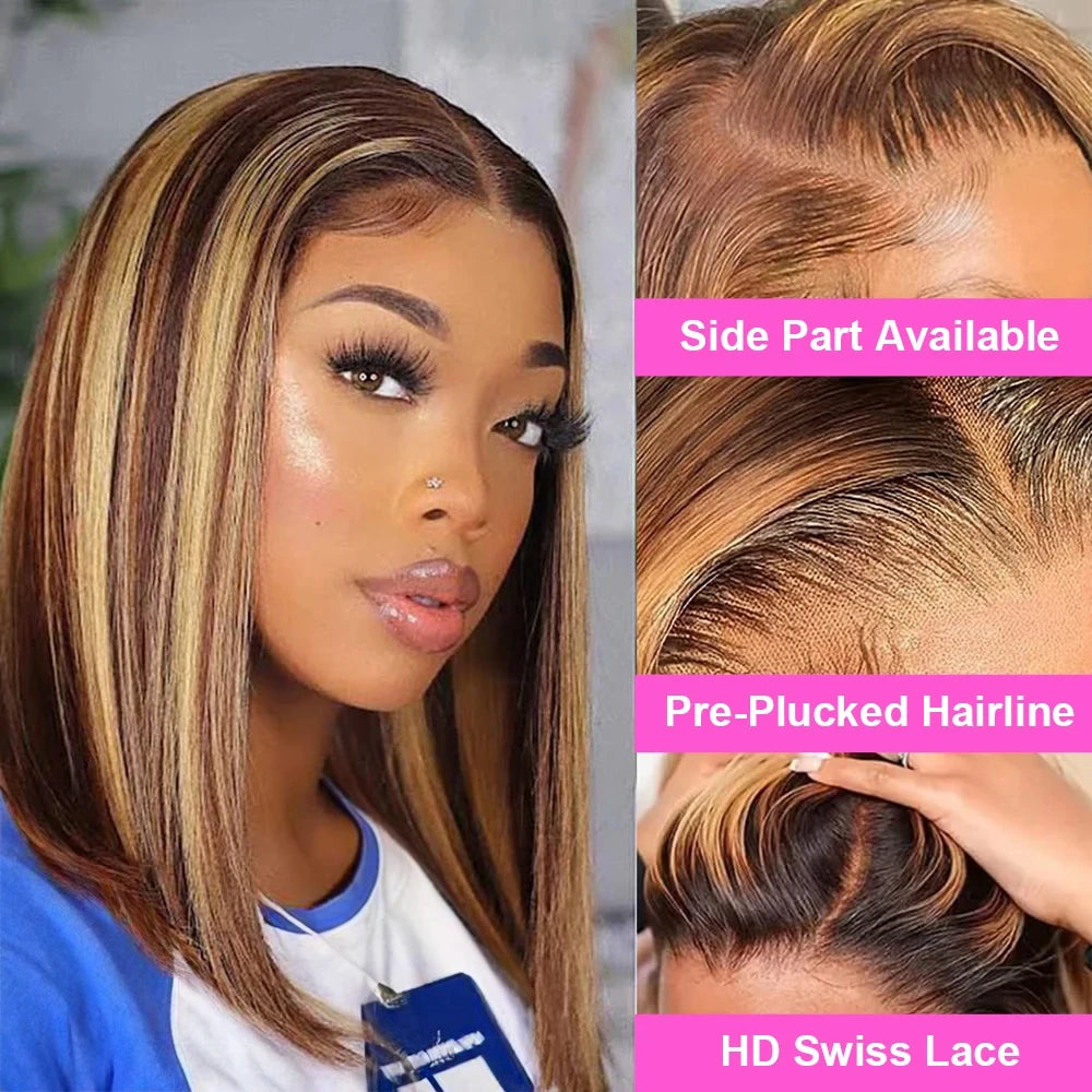 Highlight Wigs Human Hair Straight Bob Wig 4/27 Ombre 13x4 Lace Front Human Hair Wig 100% Remy Hair Pre Plucked Transparent Lace