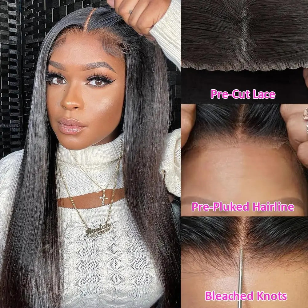 Wear Go Glueless Wig Bone Straight 13x6 HD Lace Front Wigs Human Hair Pre Plucked Glueless Lace Frontal Wigs Natural Black Color