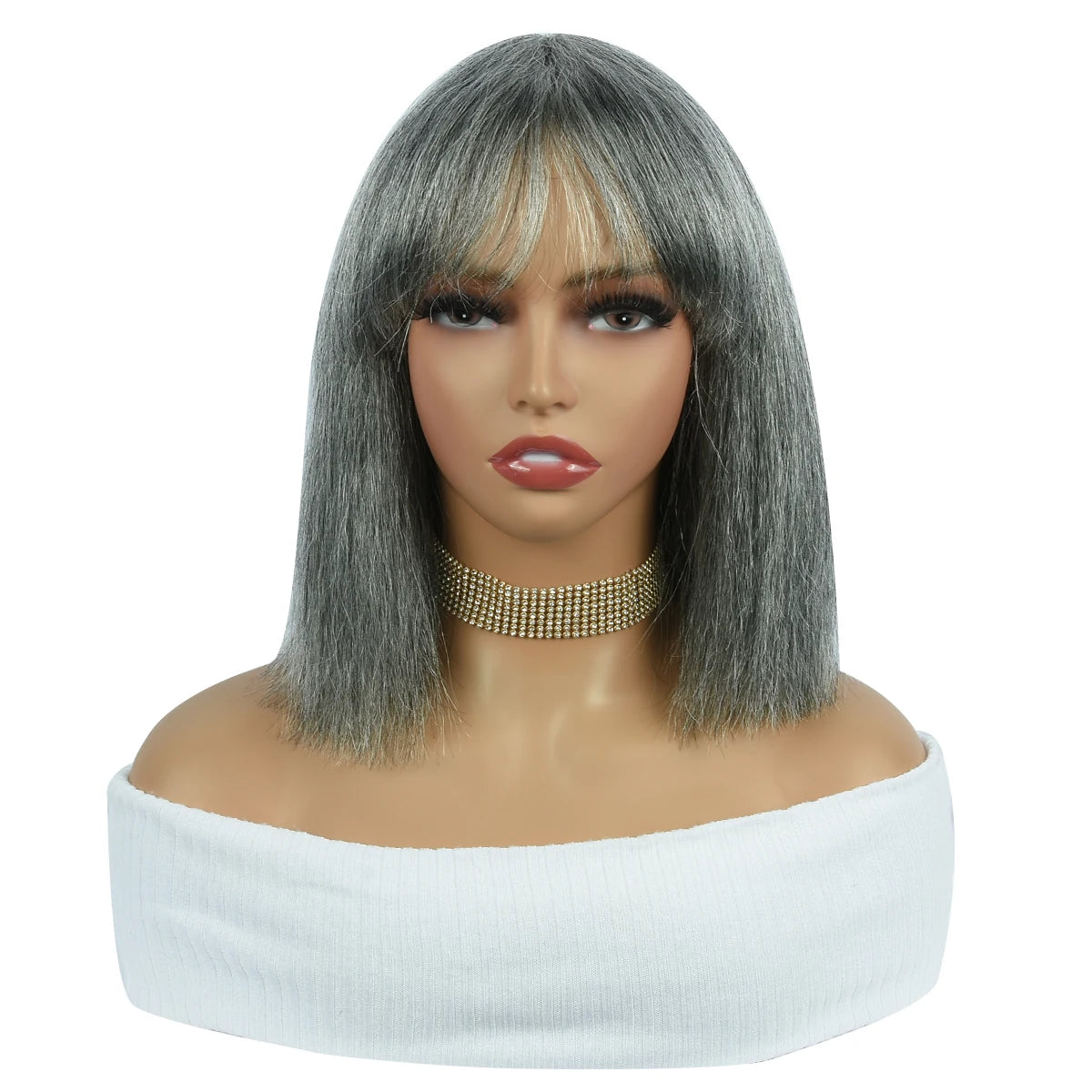 Mixed Gray Straight Human Hair Wigs Full Machine Made Wigs For Woman Grey With Bangs