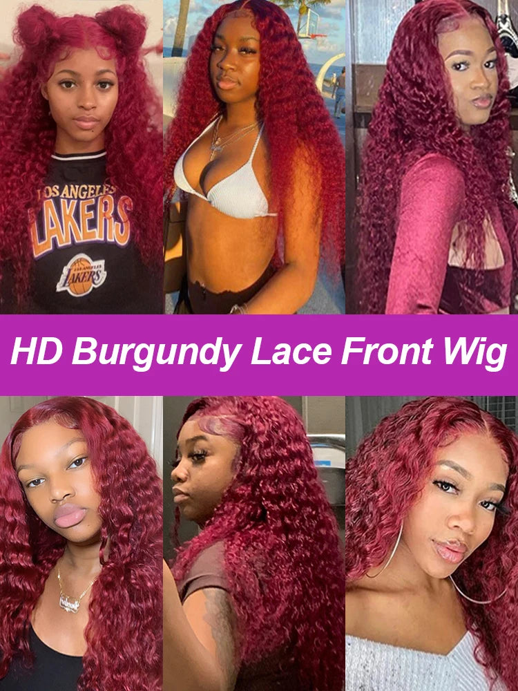 250 Density Glueless Red Colored 13x4 Human Hair Lace Frontal Wigs 40 Inch 99J Burgundy Curly Wigs Brazilian For Women