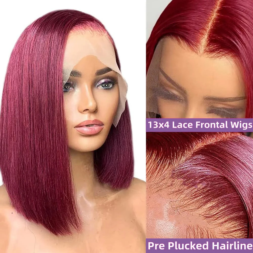 99J Burgundy 13x4 HD Transparent Lace Frontal Bob Wigs Short Straight Bob Wig Pre Plucked 200% Density Brazilian Human Hair Wigs