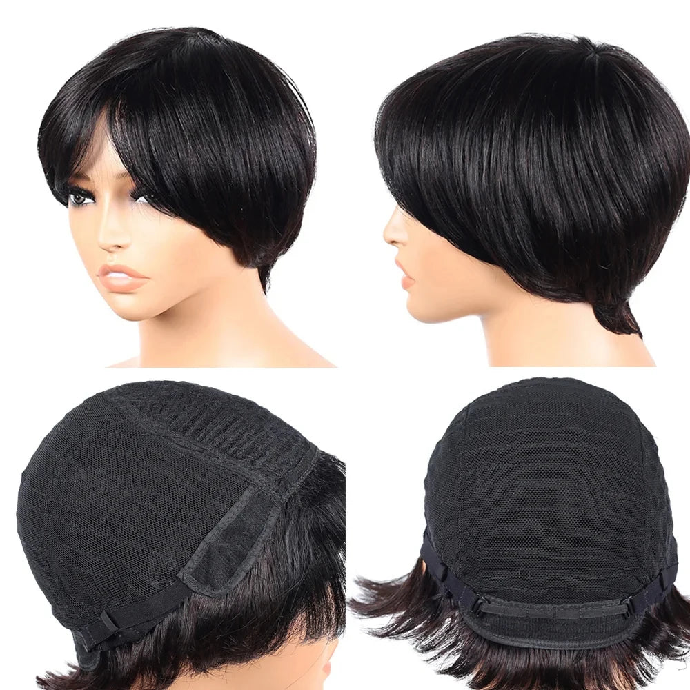 Pixie Cut 100% Full machine Human Hair Wig with Bangs for Women Short Layered Human Hair Brazilian Natural Black Hairs Cheap Wig