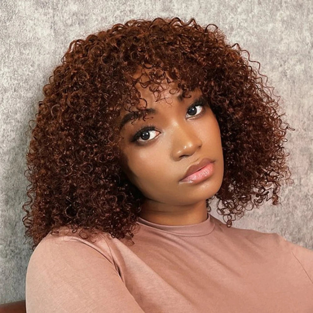 Chocolate Brown Kinky Curly Short Bob Human Hair Wigs With Bang Color #4 Full Machin Made Indian Remy Hair Wig For Black Women