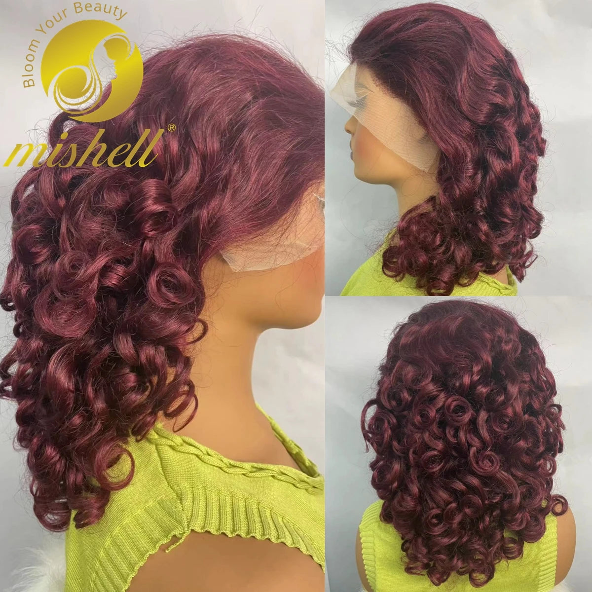 16inch 13x4 Full Lace Frontal Spring Bouncy Curly Human Hair Wigs 250% Density  Burgundy 99J Short Loose Wave Bob Wig PrePlucked